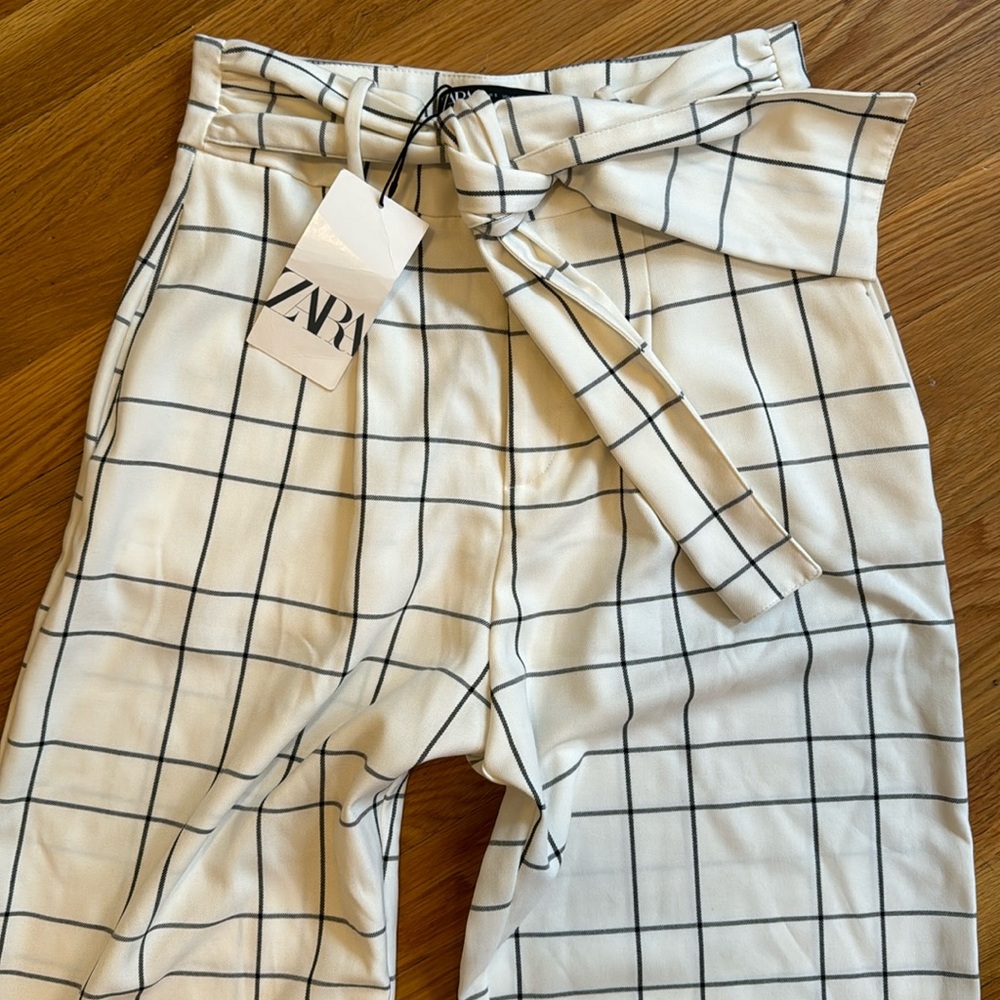 Zara Cream Windowpane Check Belted Trousers